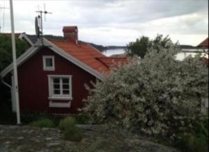 una casa roja con techo rojo en Lillstuga Badholmen, en Fjällbacka