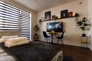 ein Schlafzimmer mit einem Bett und einem Fernseher an der Wand in der Unterkunft Moonlight Studio in Pristina