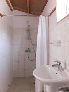 a white bathroom with a shower and a sink at Antigoni's Cottage in Choulou