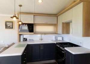 a kitchen with black cabinets and a sink and a stove at Heads Of Ayr Holiday Park in Ayr