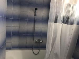 a bathroom with a shower with a white shower curtain at Apartman Mario in Bihać +41 photos