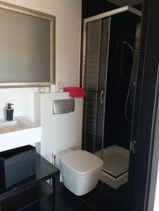 a bathroom with a toilet and a glass shower at duplex de lujo en medio del paraiso in Teira