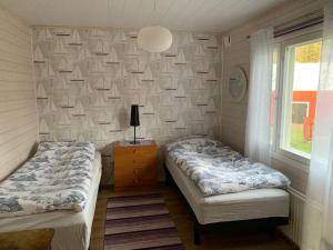 1 dormitorio con 2 camas, mesa y ventana en Kalles, skärgårdsidyll med utsikt över Hamnsundet, en Saltvik