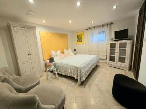 ein Schlafzimmer mit einem Bett und Stühlen sowie einem TV in der Unterkunft Ferienwohnungen Thomsen Bergdorf Pobershau in Marienberg