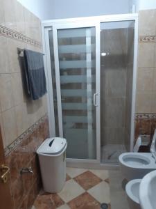 a bathroom with a glass shower and a toilet at Emily House in Fier