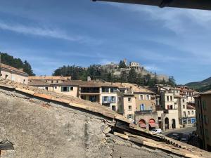 a view of a town with a hill in the background at Le Jalet en Provence - Penthouse in Sisteron