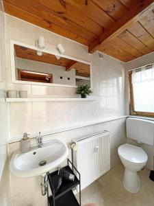 uma casa de banho com um lavatório branco e um WC. em Tiny House mit Garten in See-Nähe em Tauche