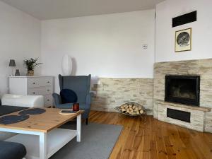 a living room with a table and a fireplace at Apartament Hajstra z ogrodem in Grodzisk