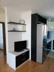a living room with a television and a refrigerator at Vila Antorini-Anikoapartman 2 in Sveti Vlas
