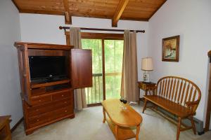 sala de estar con TV, silla y mesa en Lazy Bear Retreat - Classic Cabin!, en Morton Grove