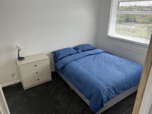 Charming 3-Bed House in Leighton Buzzard في ليفتون بوزارد: غرفة نوم بسرير ازرق وموقف ليلي