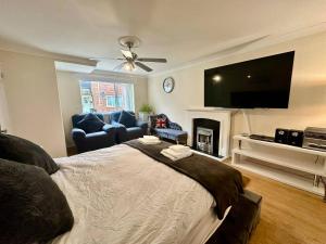 a bedroom with a bed and a tv and a fireplace at Pass the Keys A BeachhouseHome away from Home in Clacton-on-Sea