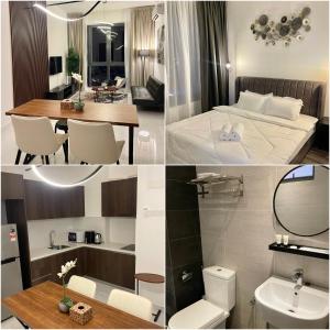 eine Collage aus vier Bildern eines Hotelzimmers in der Unterkunft SINA Troika Residence Kota Bharu 1BR Netflix Pool in Kota Bharu + 9 Fotos