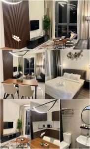 eine Collage mit Fotos eines Hotelzimmers in der Unterkunft SINA Troika Residence Kota Bharu 1BR Netflix Pool in Kota Bharu