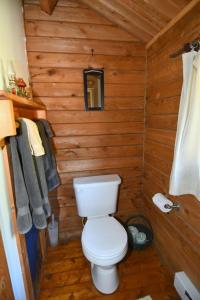 a bathroom with a toilet in a wooden wall at Whispering Hills - Couples Getaway in Hedgesville