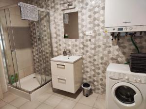 a bathroom with a shower and a washing machine at Apartman Kuzmanyho Žilina centrum in Žilina
