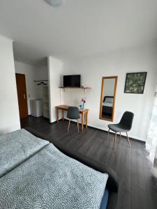1 dormitorio con 1 cama, 2 sillas y mesa en Gästehaus Zur Schmiede en Burghaun