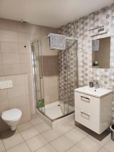 a bathroom with a shower and a toilet and a sink at Apartman Kuzmanyho Žilina centrum in Žilina