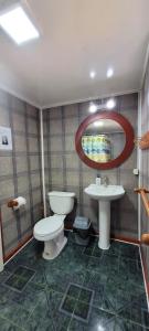 W łazience znajduje się toaleta, umywalka i lustro. w obiekcie Cabañas Buen Recuerdo w mieście Puyehue
