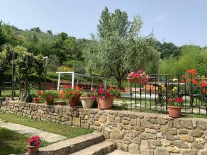 a bunch of potted flowers on a stone wall at Guest House Torre Guelfa, Vinsantaia via San Martino Altoreggi 20 in Figline Valdarno