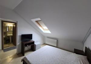 a bedroom with a bed and a tv and a window at Vila Dini(La Rogojini) in Vama Veche