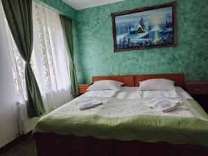 een slaapkamer met een bed en een foto aan de muur bij Pensiunea Dana Olteanu in Moieciu de Sus