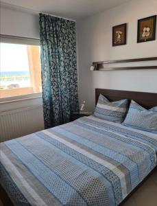 ヴァマ・ヴェケにあるVila Dini(La Rogojini)の青い掛け布団と窓のあるベッドのある寝室