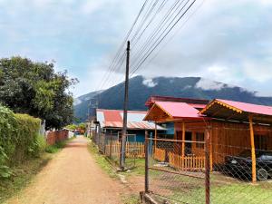 un chemin de terre à côté d'une maison avec une montagne dans l'établissement Cabaña El canto del Arriero, à Oxapampa