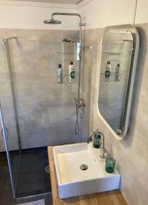 La salle de bains est pourvue d'un lavabo et d'une douche. dans l'établissement BB Grindhuset, à Larvik