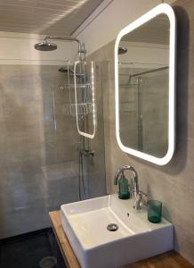ein Badezimmer mit Waschbecken und Spiegel in der Unterkunft BB Grindhuset in Larvik