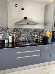 una cucina con piano cottura in acciaio inossidabile forno superiore di Appartamento Solemare a San Vito