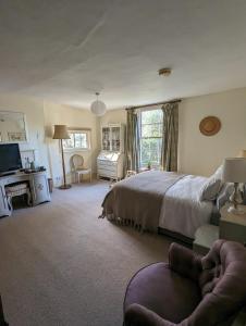 a bedroom with a bed and a couch and a tv at Old Manor House in Shepperton