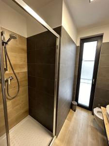 baño con ducha y puerta de cristal en Horský dům Vojta en Rokytnice nad Jizerou