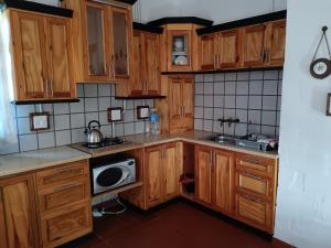 a kitchen with wooden cabinets and a sink and a microwave at de Kleine Kelder in Riviersonderend