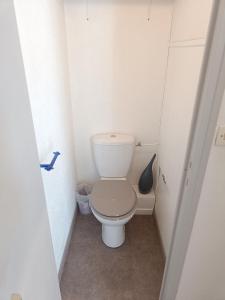 une salle de bain avec des toilettes blanches dans une chambre dans l'établissement Appartement climatisé Parc Paradis 150 m des thermes, à Gréoux-les-Bains