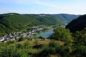 ein paar Bänke auf einem Hügel mit Blick auf einen Fluss in der Unterkunft Ferienwohnung zum Küppchen  in Münstermaifeld