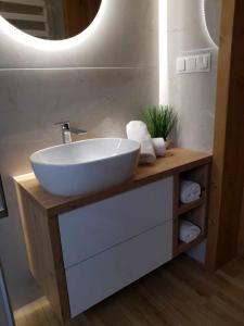 a bathroom with a white sink and a mirror at Panoramiczny Wierch in Rzepiska +11 photos