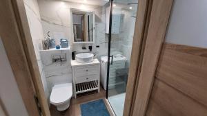 a bathroom with a shower and a toilet and a sink at Słoneczne Mieszkanko Przymorze 2 km do plaży in Gdańsk +17 photos