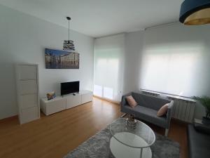 a living room with a couch and a tv at Céntrico apartamento reformado de dos habitaciones in Logroño