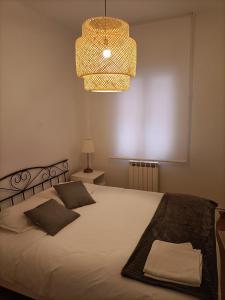 a bedroom with a bed with a lamp and a chandelier at Céntrico apartamento reformado de dos habitaciones in Logroño