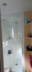 a shower with a glass door in a bathroom at Mobilhome L'Oasis Camping le Clos Cottet in Angles
