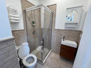 a bathroom with a shower and a toilet and a sink at Mulzac Rentals - Loft Penthouse in Brooklyn +32 photos