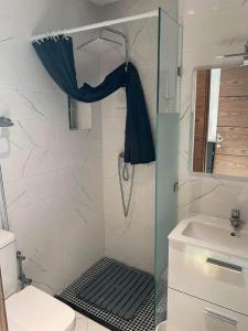 a shower with a glass door next to a sink at RIMAL MAHDIA in Kenitra