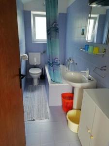een blauwe badkamer met een toilet en een wastafel bij Ferienwohnung für 8 Personen ca 90 qm in Šilo, Kvarner Bucht Krk in Šilo