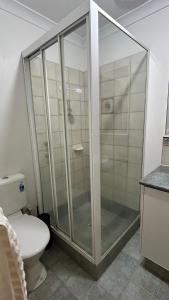 een glazen douche in een badkamer met een toilet bij Bickley Street in Perth