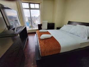 基多的住宿－SUITE, vista hermosa de Quito，一间卧室设有一张大床和大窗户
