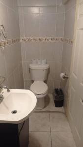 La salle de bains est pourvue de toilettes blanches et d'un lavabo. dans l'établissement Acogedor departamento en el centro de la ciudad, à Reynosa