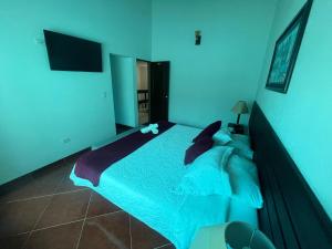 Dormitorio azul con cama con sábanas y almohadas azules en VILLA LEWANA 2, en Villa de Leyva