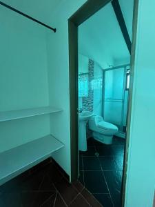 a bathroom with a toilet and a sink and a mirror at VILLA LEWANA 2 in Villa de Leyva