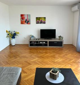 a living room with a television and a wooden floor at Helen Apartments in Crikvenica